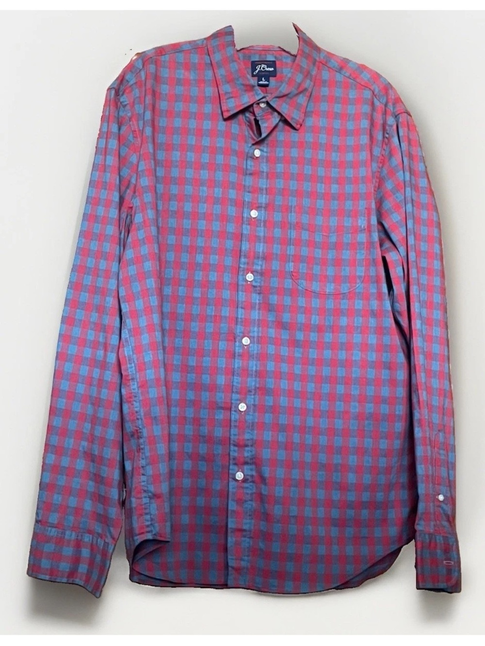J.Crew Men's Large (L) Slim Fit Red/Blue Gingham Pattern Button-Up Shirt - Picture 3 of 8